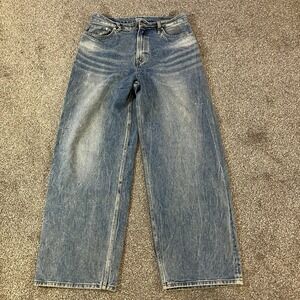 The Ilma Korean‎ Women's Wide Leg Blue Jeans Size Large 32x31 Distressed Hi Rise